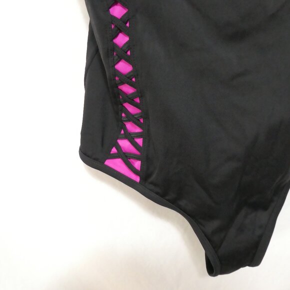 TORRID | size 2 | Black & Pink Lattice Peekaboo Push Up Demi Swimsuit One Piece - Picture 6 of 14